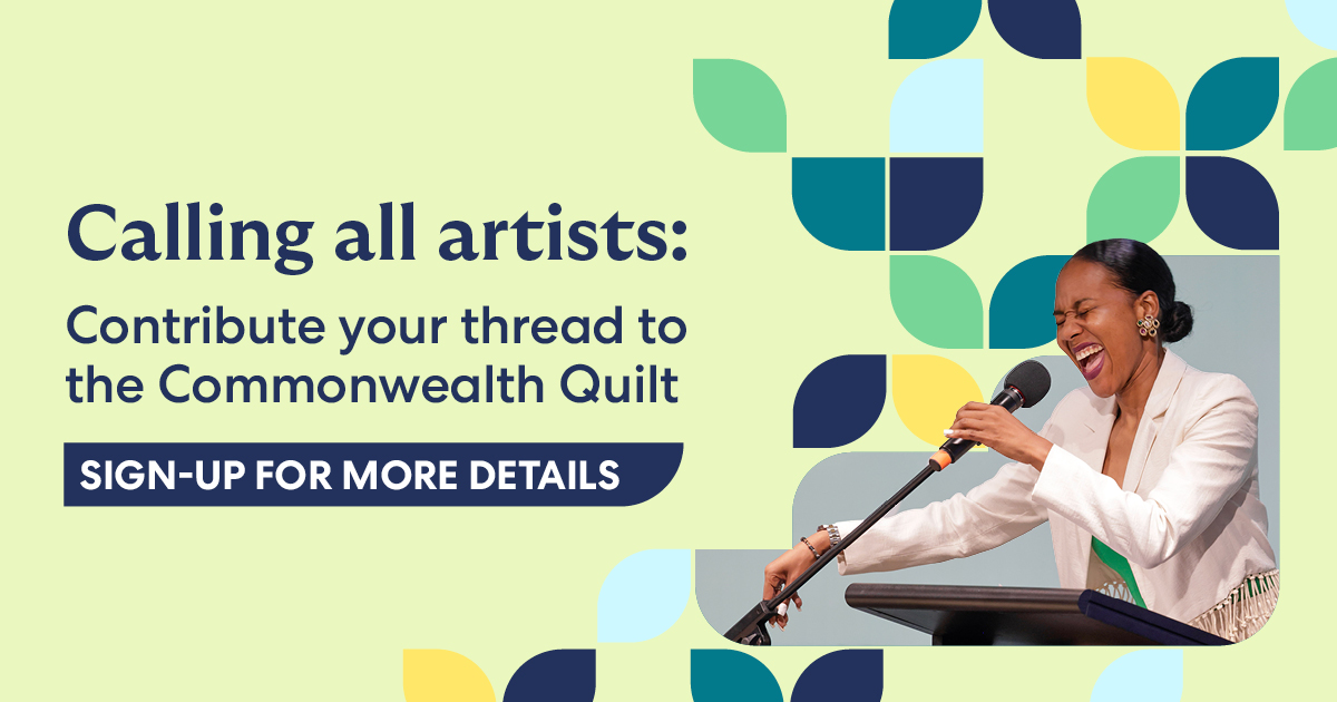 The graphic states: Calling all artists. Contribute your thread to the Commonwealth Quilt. Sign up for more details. A photograph of a woman speaking passionately into a microphone is overlaid across an abstract patchwork quilt design. 