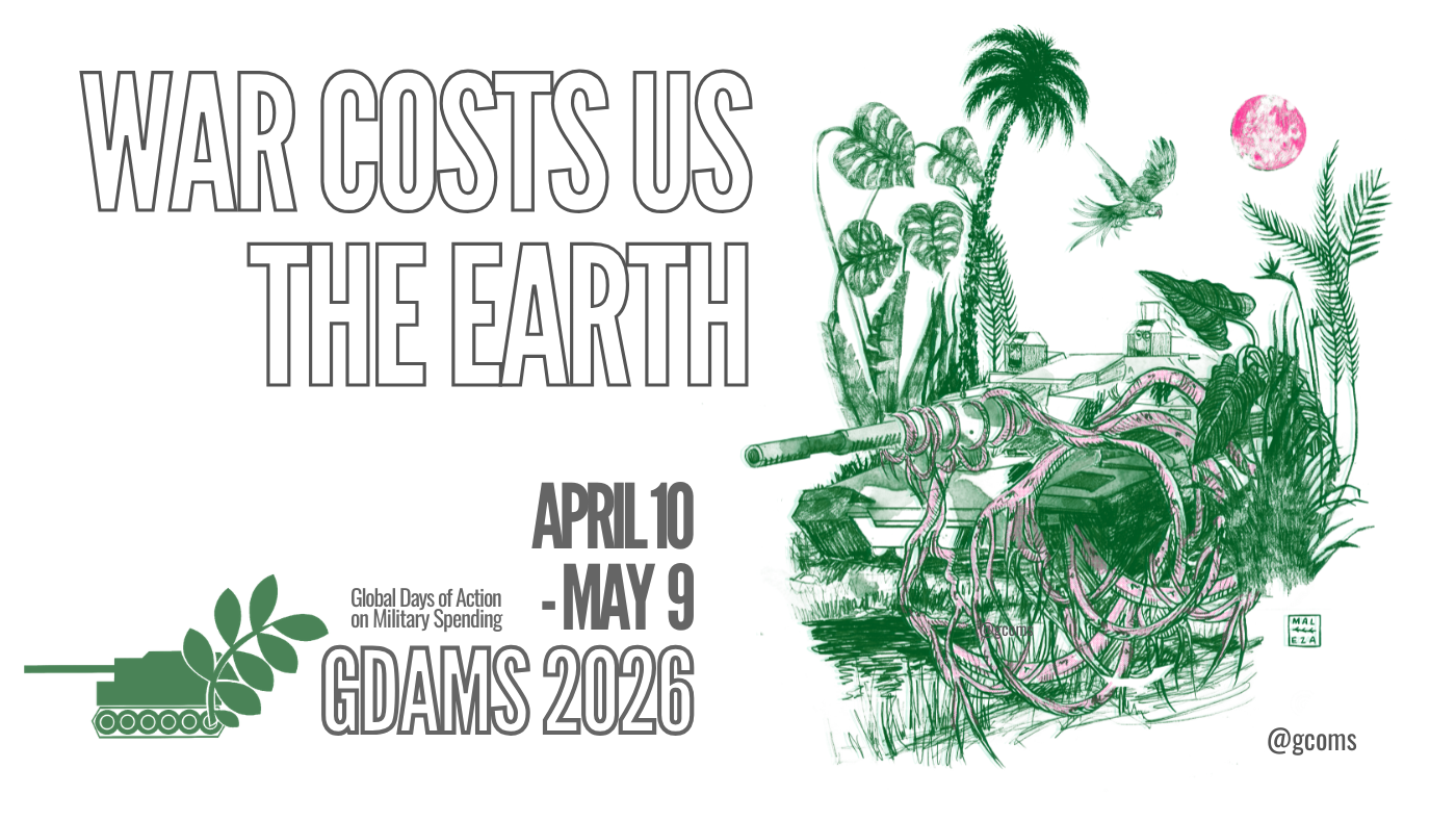 Illustration of this year's Global Days of Action on Military Spending portraying a tank overtaken by jungle vegetation.