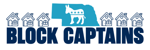 Horizontal image with 3 small blue houses, a blue shape of Nebraska with a Democratic Donkey in it, 3 more blue houses and the words Block Captains