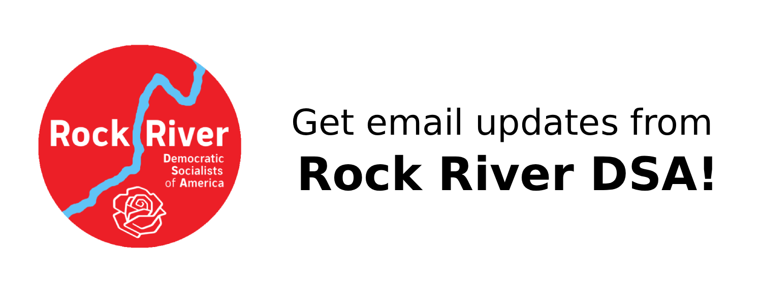 Logo of Rock River DSA, Blue river on a red background with socialist rose.