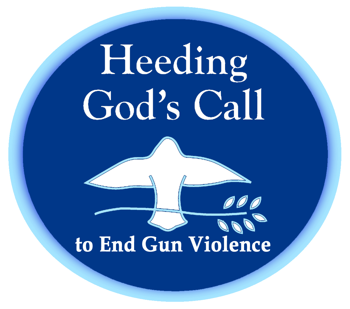 A white dove holding a branch is surrounded by the words Heeding God's Call to End Gun Violence