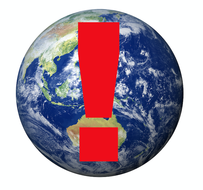 Earth showing Australia and large red exclamation mark