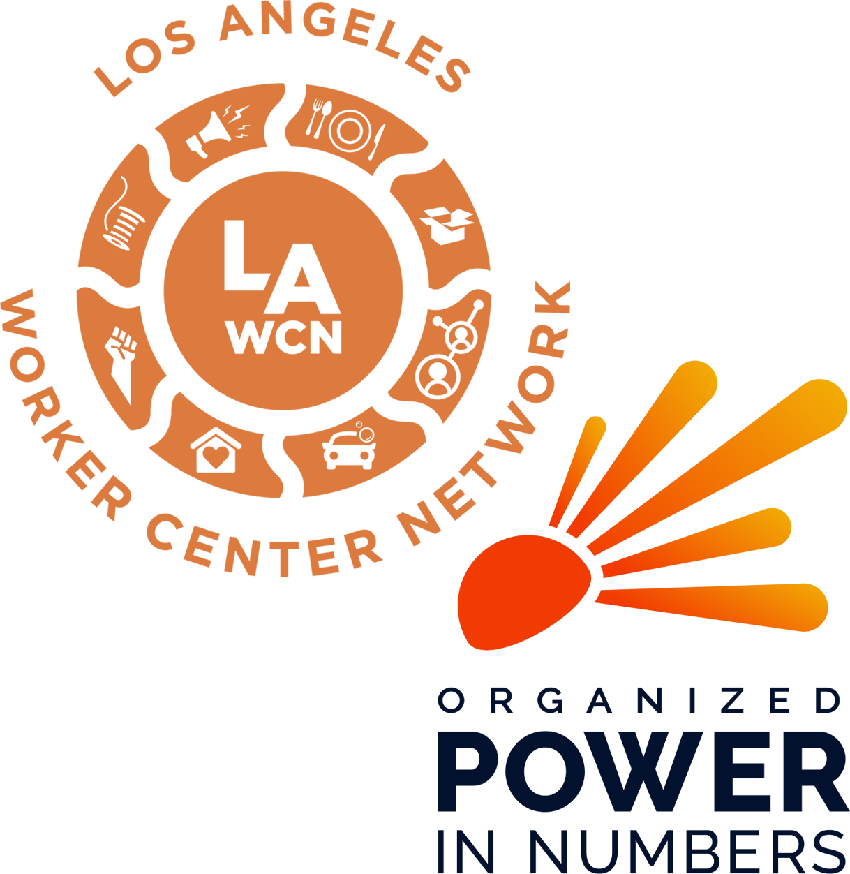 The Los Angeles Worker Center Network's logo above the logo for Organized Power in Numbers