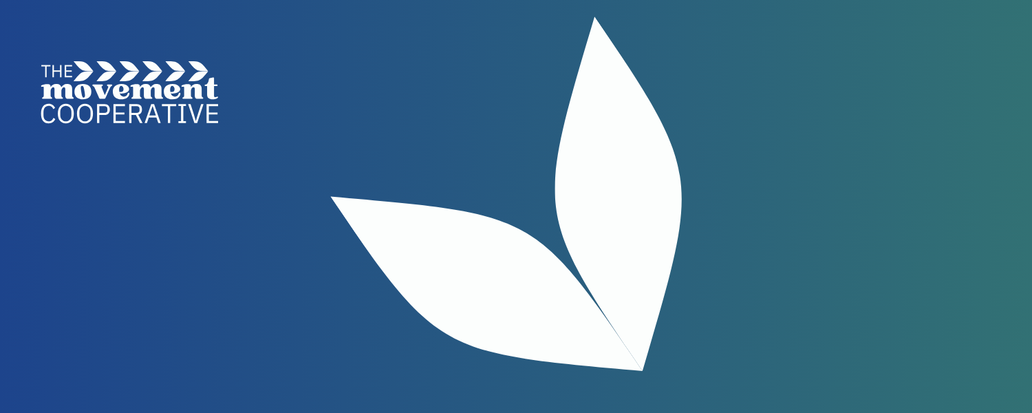 The Movement Cooperative logo in white text with a blue and green gradient background, large double-petal shaped white icon in center