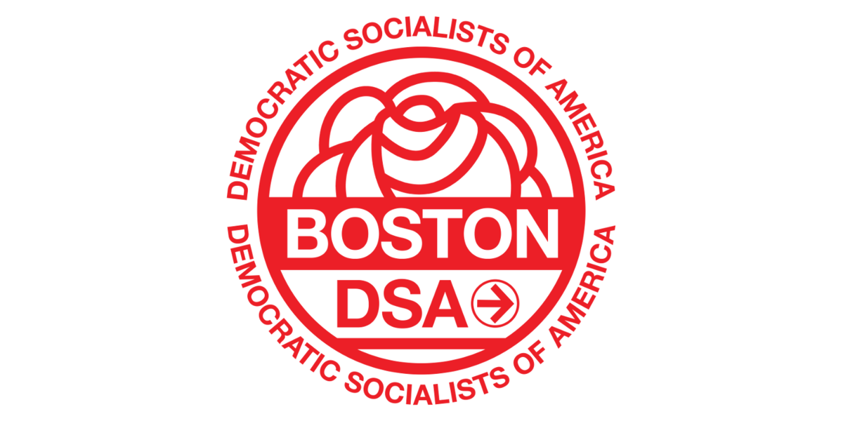 The words 'Boston DSA' on an MBTA-style sign overtop a large rose