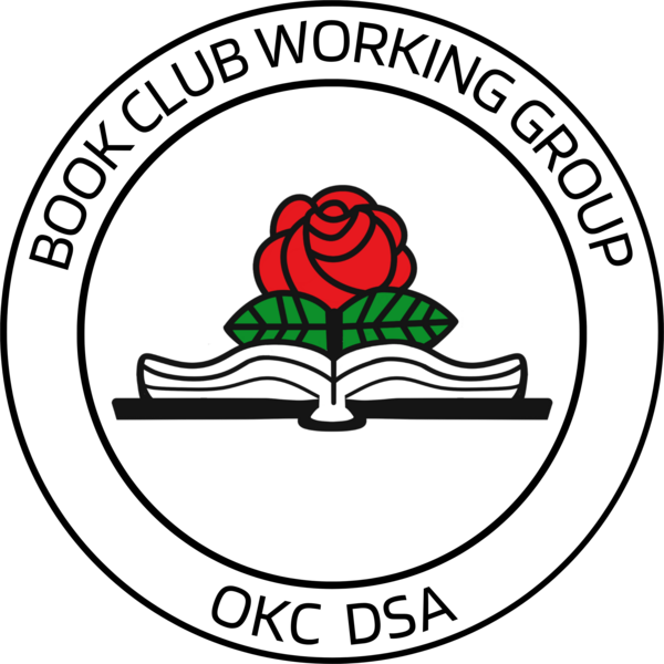 Logo for the OKC DSA Book Club Working Group, featuring a red rose with green leaves coming out of an open book