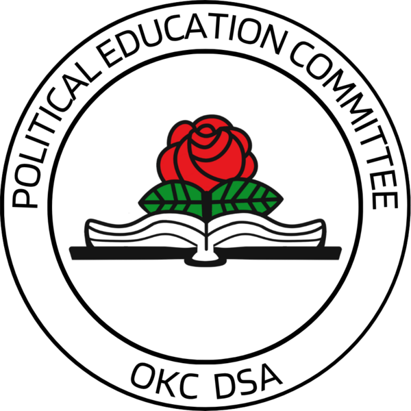 Logo for the OKC DSA Political Education Committee, featuring a red rose with green leaves coming out of an open book