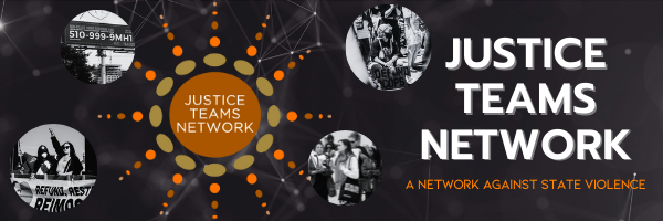 Black banner with text: Justice Teams Network: A Network Against State Violence, with images from actions