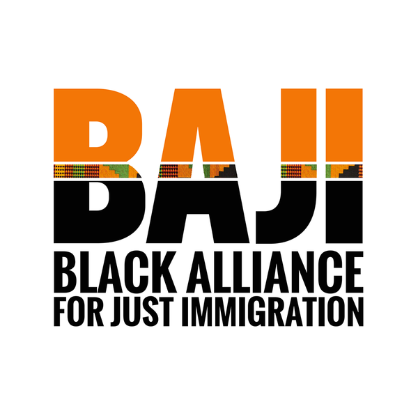 White backdrop, black and orange text with a kente design that reads BAJI - Black Alliance for Just Immigration.
