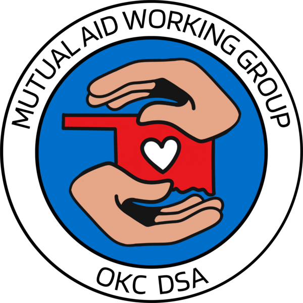 Logo of the Mutual Aid Working Group, featuring the red state of Oklahoma with a white heart at its center. The state is cradled by a pair of hands on the top and bottom.