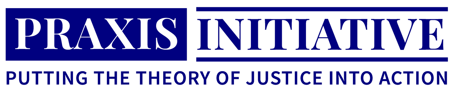 Praxis Initiative logo navy blue and white with tagline Putting the theory of justice into action.