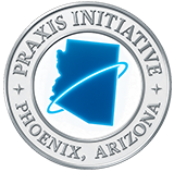 Praxis Initiative logo navy blue and white with tagline Putting the theory of justice into action.