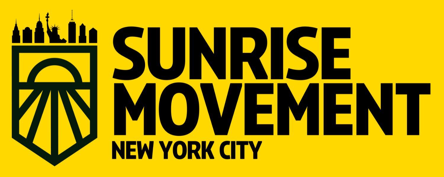 Sunrise Movement New York City, sunrisenyc.org. Black text on yellow background.