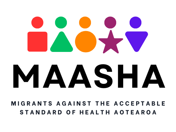 Logo for MAASHA (Migrants Against the Acceptable Standard of Health Aotearoa). It features five stylised human shapes in different colours and geometric forms: a red square with a circle head, a green triangle with a circle head, an orange circle with a circle head, a purple star with a circle head, and a blue triangle with a circle head. Below the figures, the acronym MAASHA appears in bold black capital letters. Underneath is the full name written in smaller uppercase text.