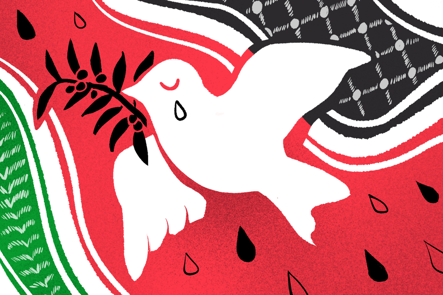 An illustration of a dove with an olive branch, on a background of the Palestinian flag colours and keffiyeh pattern.