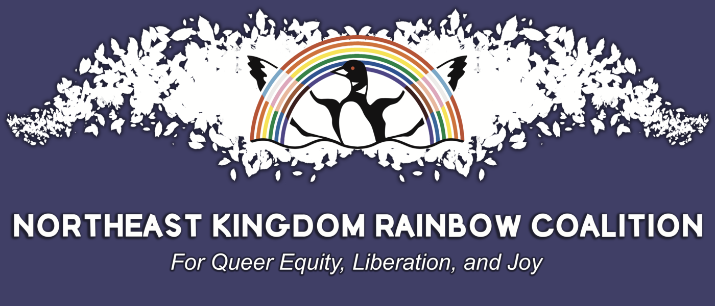 Northeast Kingdom Rainbow Coalition: For Queer Equity, Liberation, and Joy. Rainbow Loon Logo.