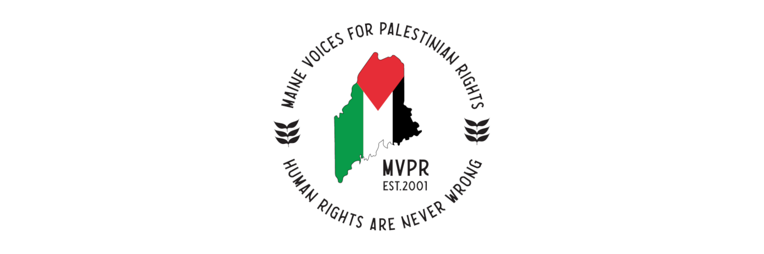 The circular "Maine Voices for Palestinian Rights" logo. Along with the organization's name, it says "Human Rights are Never Wrong". In the center is an outline of the state of Maine filled with the Palestinian flag: green, white, black, and a red triangle. Two keffeyeh-inspired shapes flank the map outline.