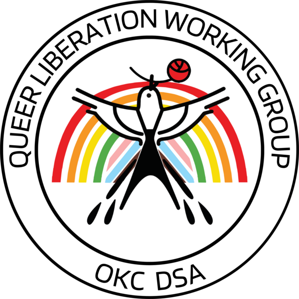 Logo of the OKC DSA Queer Liberation Working Group, featuring a stylized scissortail flycatcher with outstretched wings holding a rose in its beak. Behind it is a pride rainbow arc, with trans and progress flag colors included.