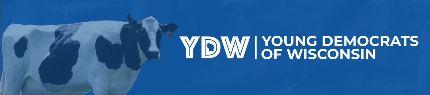 Cow Next to Young Democrats of Wisconsin Logo on a blue gradient background