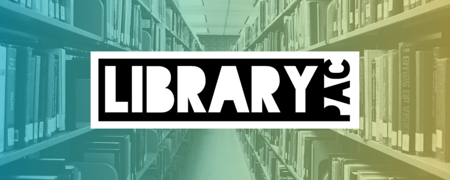 LibraryPAC logo on a background of a library shelf with a transparent gradient overlay in light blue, gree, and yellow