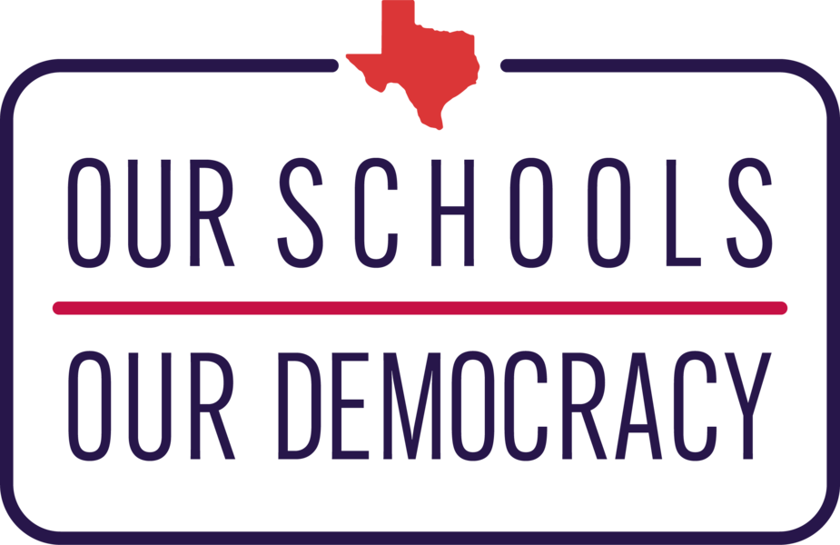 Our Schools Our Democracy logo is the name of the organization enclosed in a dark blue frame with a bright red Texas at the top.