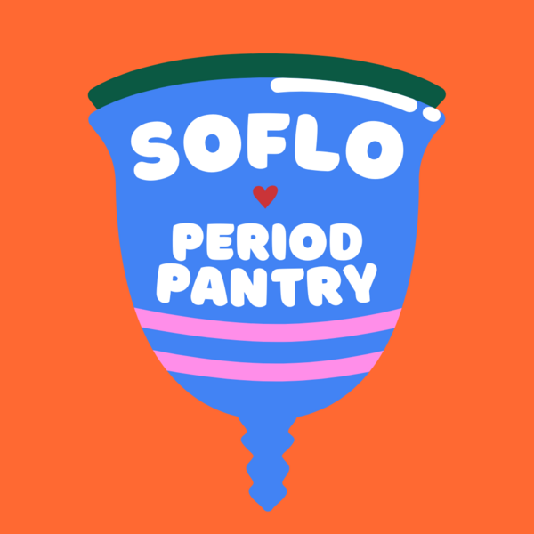 Blue menstrual cup with white stripes and white text that says "SOFLO PERIOD PANTRY" with small red heart.