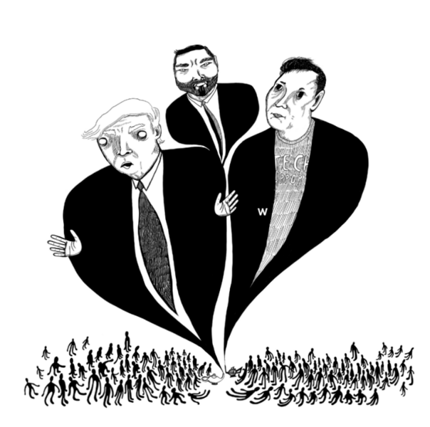 Donald Trump, Elon Musk, and J.D. Vance emerge like jinn from a lamp that a crowd of people must figure out how to defeat together with their collective power.