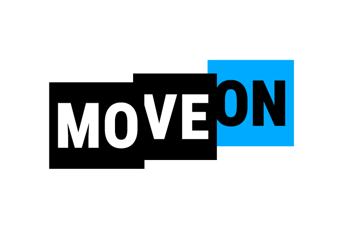 A logo that features three overlapping squares that reads "MoveOn"