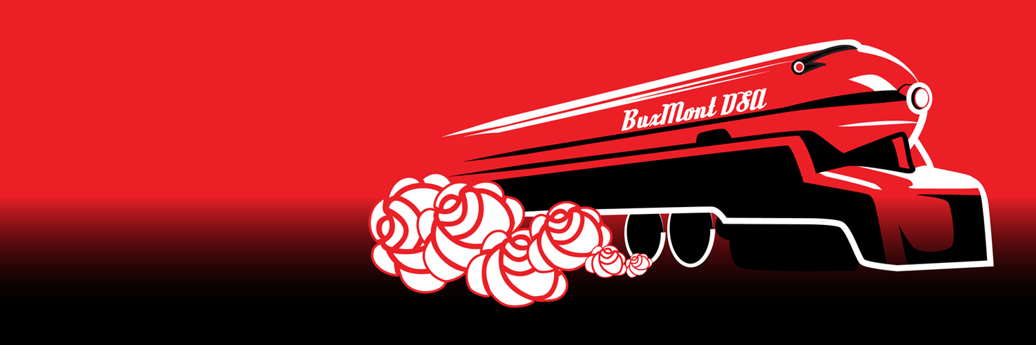 a streamline locomotive accross a red and black gradient steam around it's wheels resembles roses