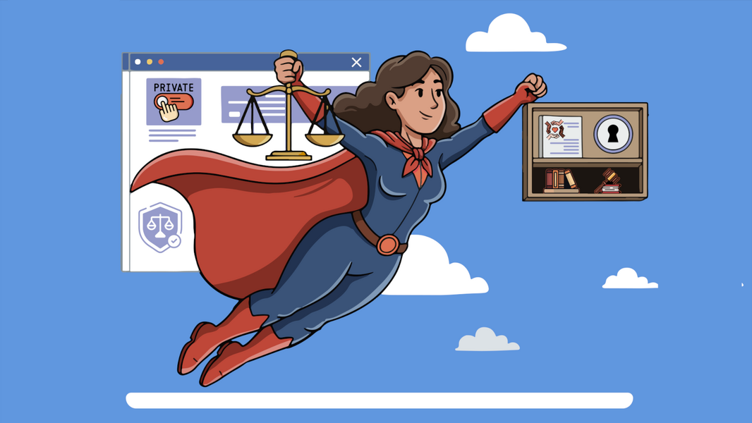 An image of a legal advocacy superhero holding scales and flying past a private browser and bookshelf