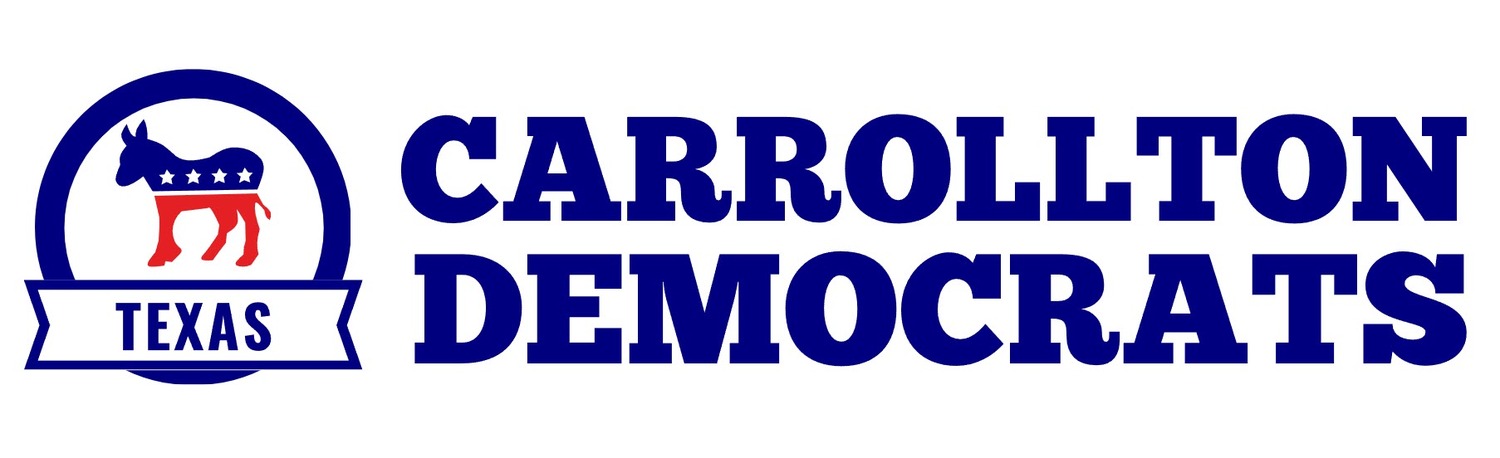 A banner graphic, that is about 4 times wider than it is tall. The graphic has a white background. In royal blue all caps, stacked on top of each other, reads "CARROLLTON DEMOCRATS". To the left of the words is a logo with a white background, the silhouette of a donkey, the top half of which is royal blue, with 4 white stars extending left to right, and the bottom half of the donkey is red. The donkey is surrounded by a royal blue circle, and below the donkey, overlapping the circle, is a small banner flag, outlined in blue, with the word TEXAS in it, also in all caps.