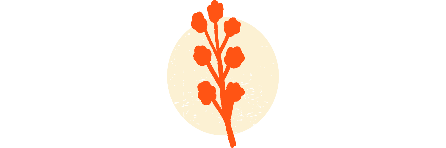 Orange silhouette of a stalk of flowers in front of a textured, cream circle