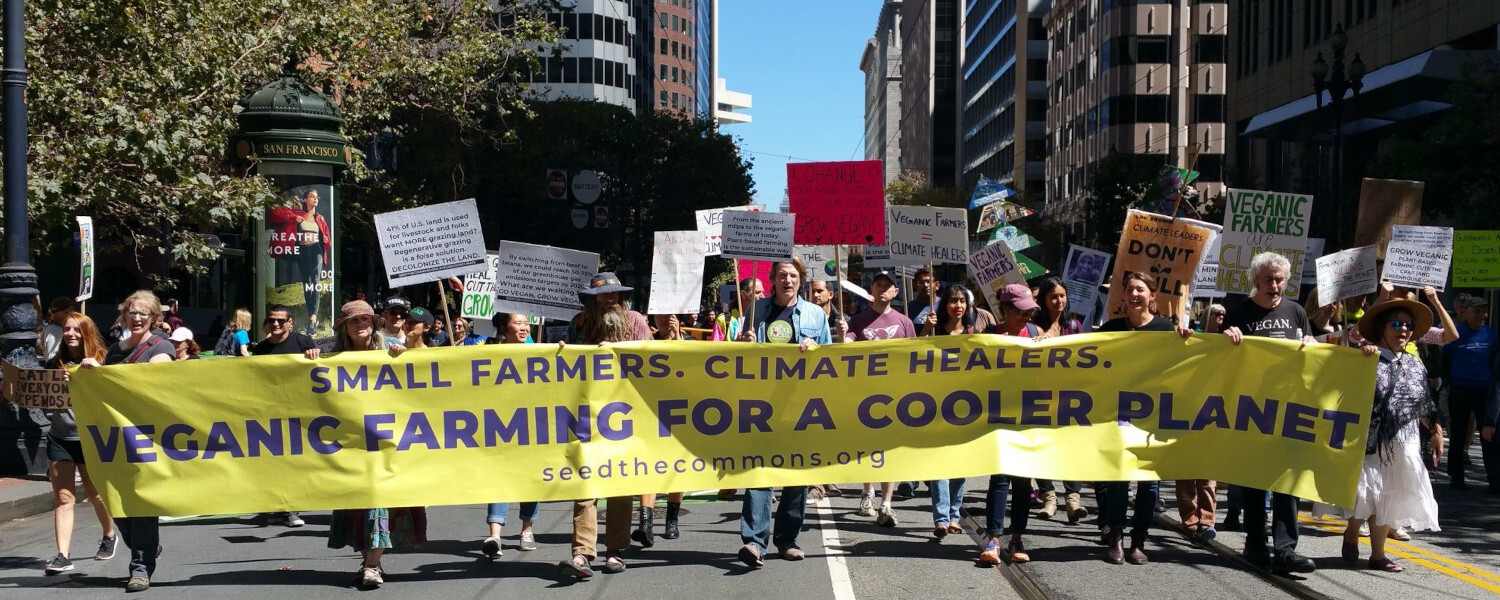 Veganic farmers walking the Seed the Commons banner down San Francisco's market street.