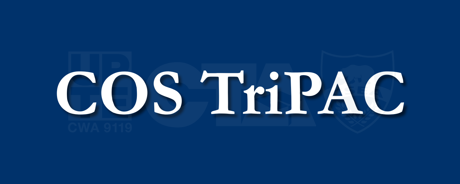 COS TriPAC banner with white text on blue background. Logos of all parent unions is faded behind the text.