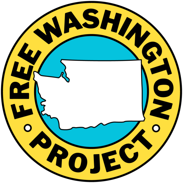 Free Washingtonheader with logo – Circle with yellow border containing words, "Free Washington Project" around a blue circle field with a white figure superimposed shaped like the outline of Washington State on a map. White text "Join us in preparing for strategic noncooperation and effective nonviolent resistance against military escalation and  anti-democratic attacks" on black background
