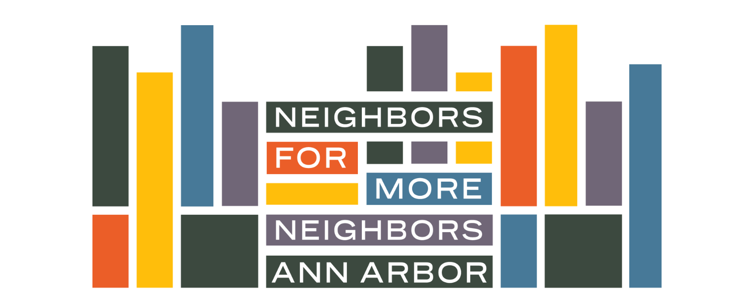 Banner image with the text "Neighbors for More Neighbors" in a stylized colorful city scape