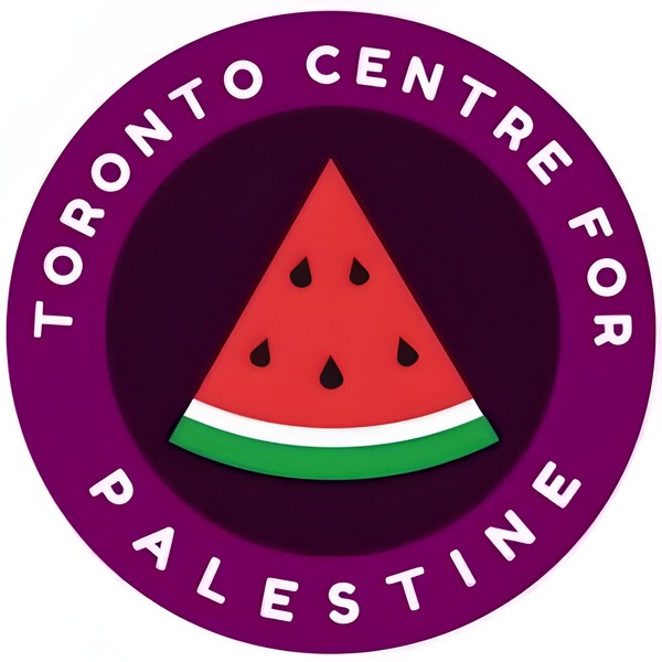 Watermelon in the middle of a mauve circle. The circle is bordered by a thick violet outline which contains the words “Toronto Centre for Palestine” 
