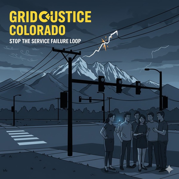 Grid Justice Colorado: Stop the Xcel ‘Dark Ages.’ A sleek, modern graphic showing a silhouetted figure against a Boulder street at dusk with unlit traffic signals. In the background, the Rocky Mountains are visible under a dim sky, highlighting the infrastructure failure.