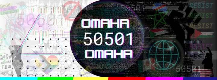 A background of white on the left and black on the right, with a black circle in the center. White text reads Omaha 50501 Omaha.
