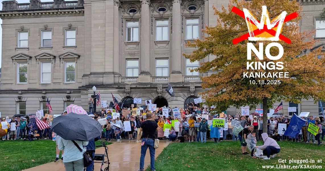 A picture of the No Kings 2 crowd on Kankakee County Courthouse steps after torrential rain on October 18, 2025 rally.