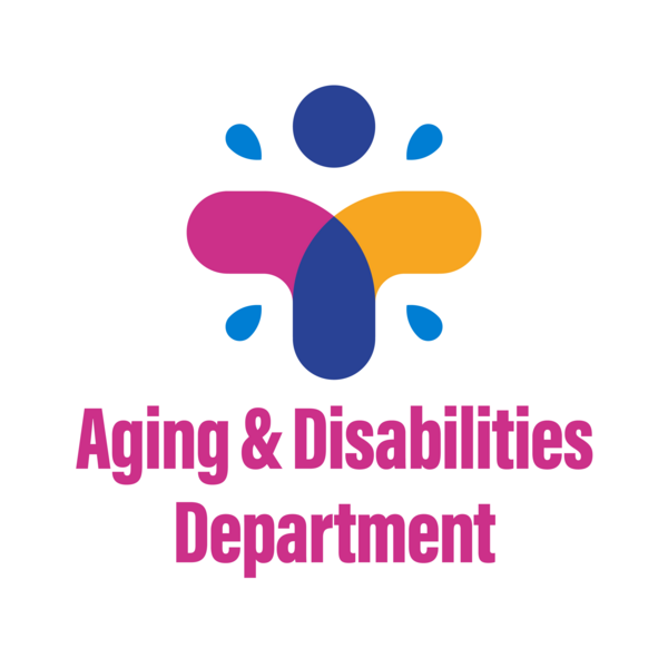 Colorful collage of diverse older adults and people with disabilities enjoying activities like dancing, gardening, exercising, painting, and swimming, with text “Living with Dignity and Independence” and Aging & Disabilities Department logo.