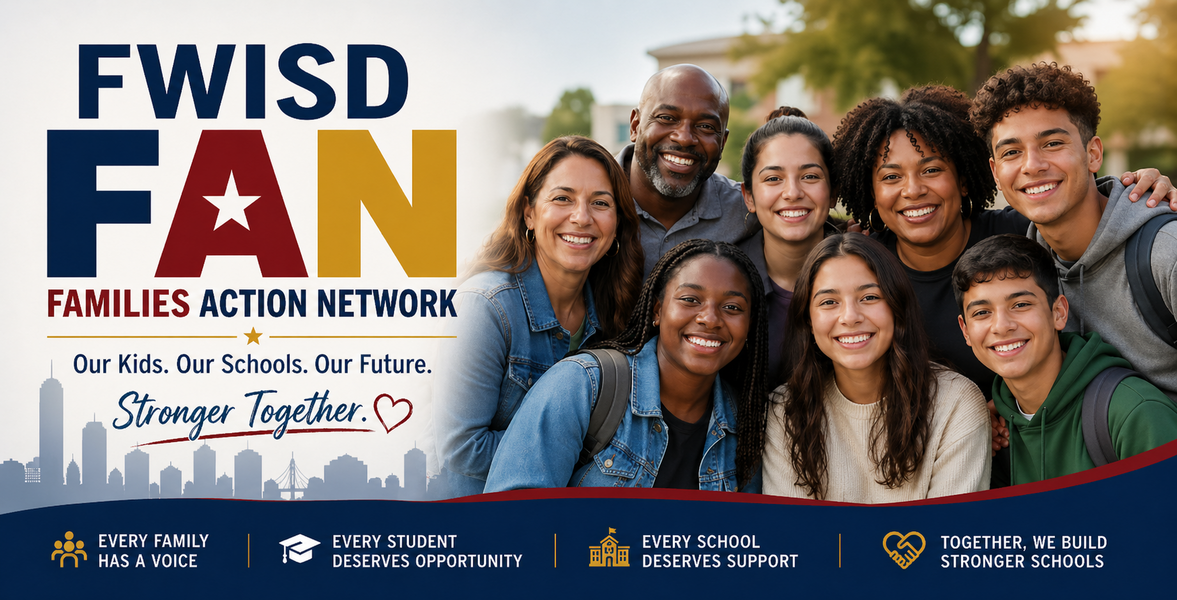 A group photo of family members posing with text advocating for stronger schools and transpersncy