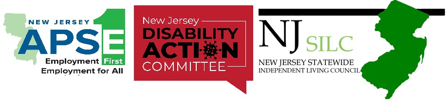 A red speech bubble with the words NJ Disability Action Committee 