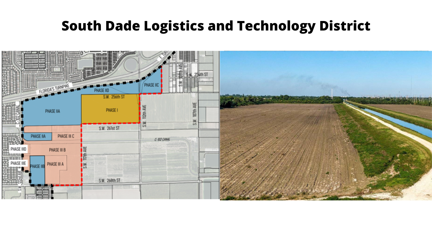 A Picture of the proposed project footprint side by side with how it looks today, without development