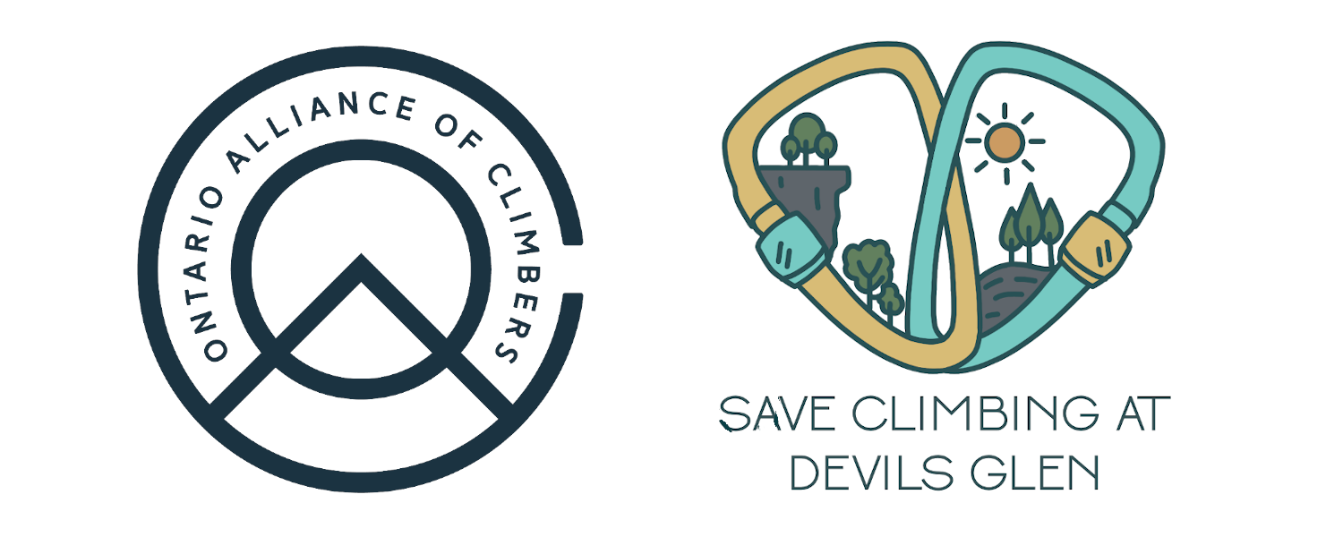 Logo for the Ontario Alliance of Climbers, and the logo for the Save Climbing At Devil's Glen Campaign