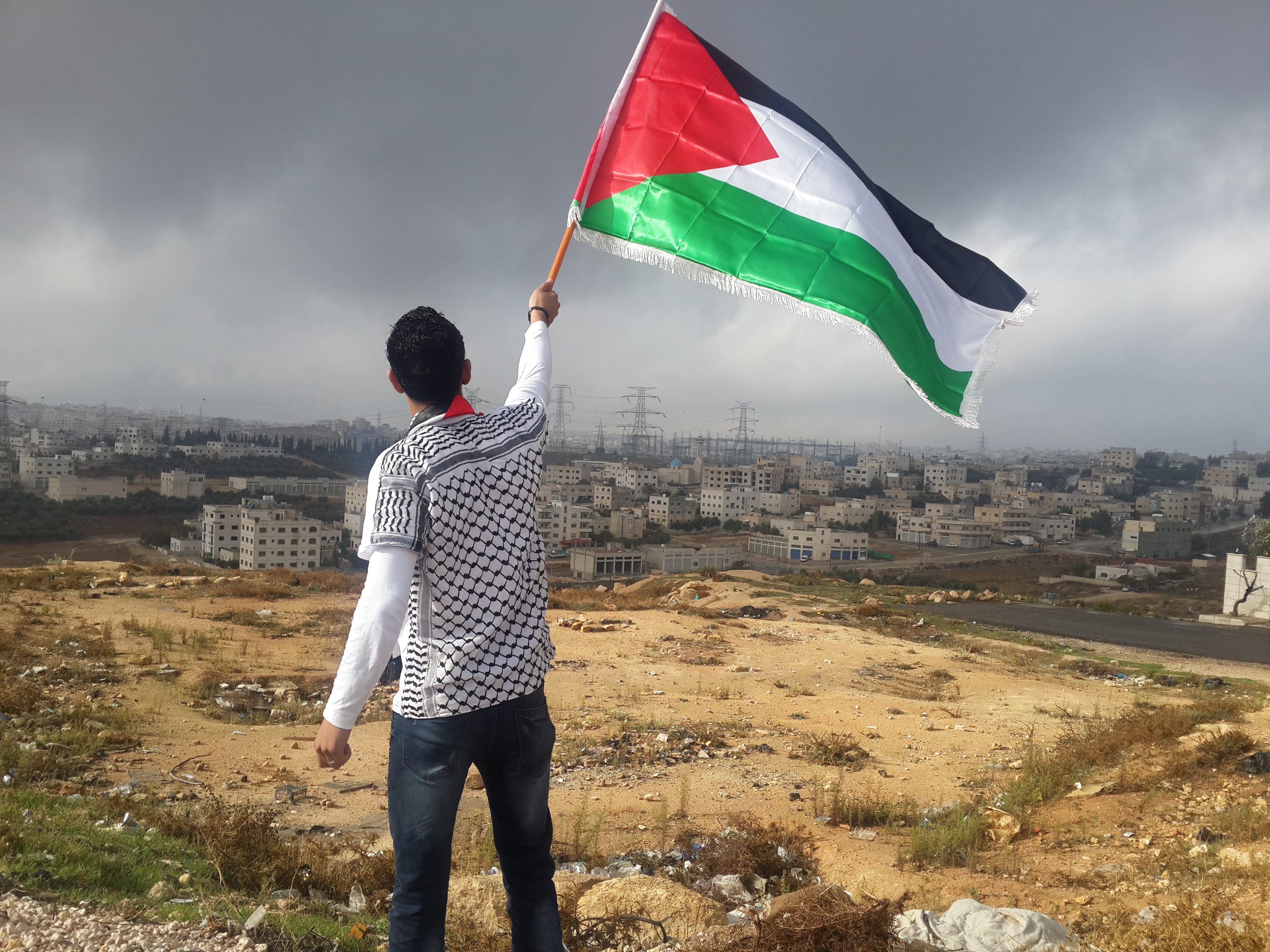 Young man waving a Palestinian flag, with a village in the distance. 