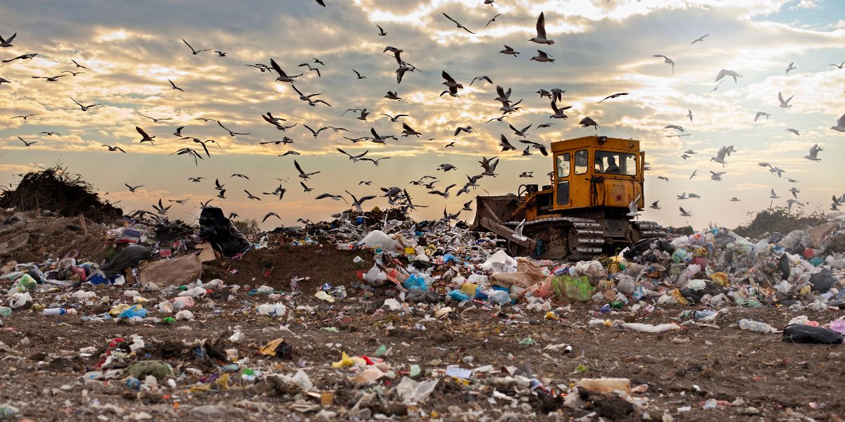 Birds flocking over landfill
