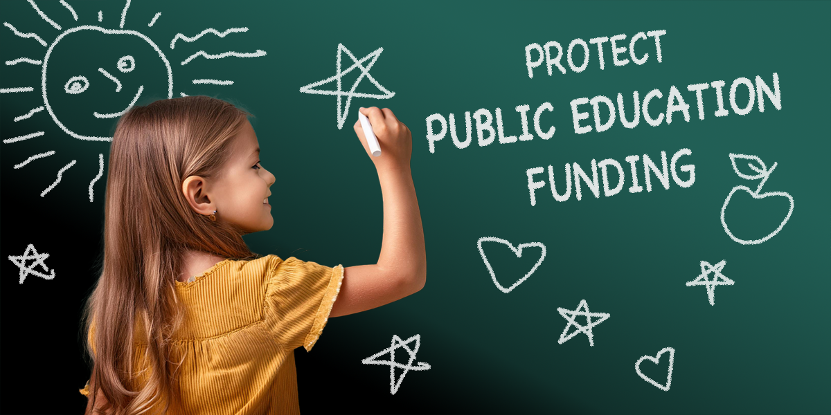 Girl writing on chalkboard: Protect Public Education Funding
