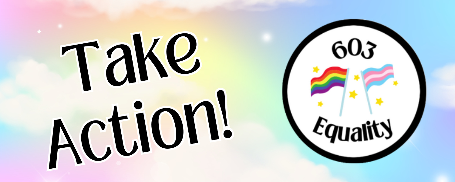 On a background of pastel rainbow clouds and white sparkles, text on the left reads, "Take Action" and on the right is the 603 Equality logo, a circle with those words and a small trans flag and rainbow flag, surrounded by gold stars.