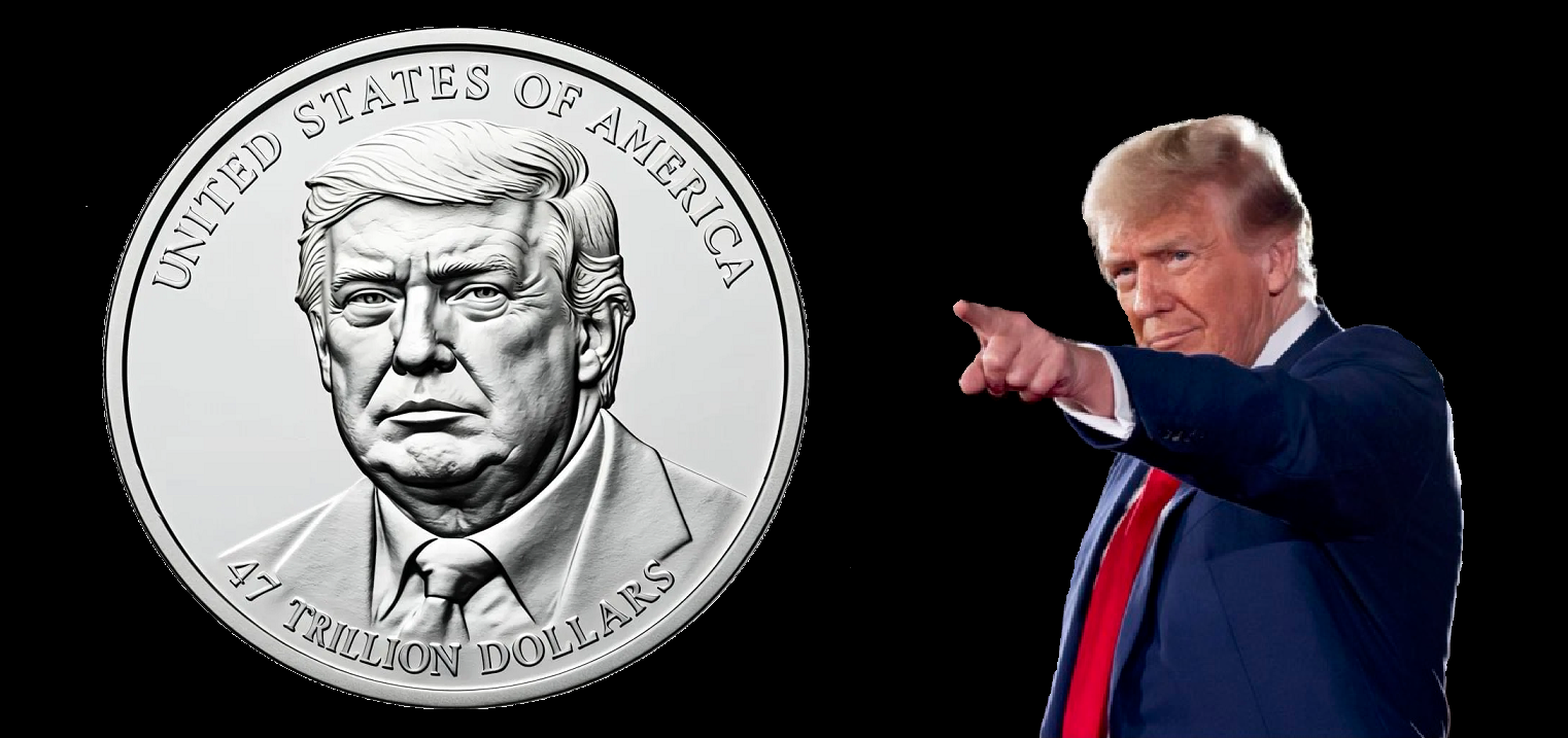Donald Trump points to a $47 trillion platinum coin bearing his image